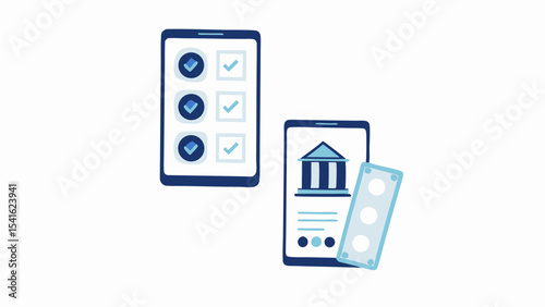 Two smartphones with checkmarks and a bank icon with a pill box on a white background