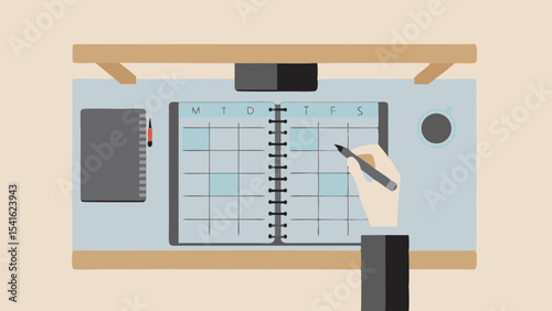 Illustration showing a person writing on a calendar on a desk with a notebook and other items on it