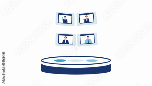 Illustration of a video conference setup with four screens on a platform showing participants