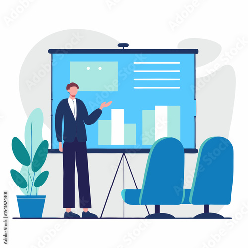Professional Business Executive Delivering a Corporate Presentation with Charts and Data on a Projector Screen