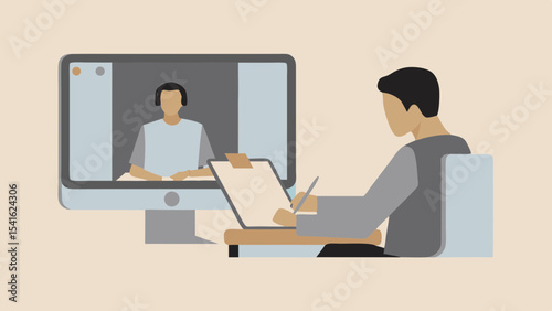 Person attending a video call while taking notes on a clipboard in a light beige background scene