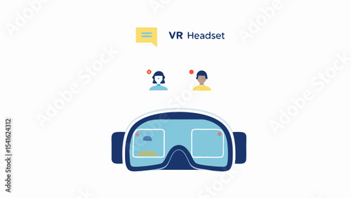 Illustration of a vr headset with two avatars and a speech bubble on a white background design concept
