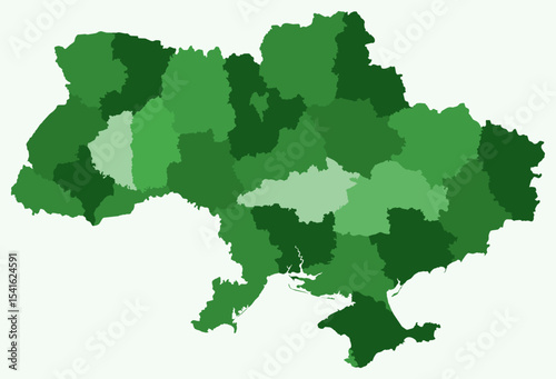 Map of Ukraine with regions. Just a simple country border map with region division. Green color palette. Blank Ukraine shape with administrative division. Vector illustration.