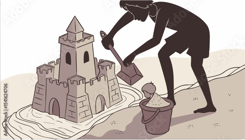 Silhouette of hands (no face visible) engaged in building a sandcastle on the beach. Represents childhood summer fun, creativity, and beach activities. Vector.        
