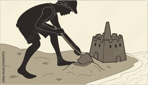 Silhouette of hands (no face visible) engaged in building a sandcastle on the beach. Represents childhood summer fun, creativity, and beach activities. Vector.        
