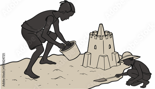 Silhouette of hands (no face visible) engaged in building a sandcastle on the beach. Represents childhood summer fun, creativity, and beach activities. Vector.        