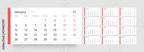 Monthly calendar layout for 2026 year. Quarterly calendar for 2026 year. Week Starts on Monday. 