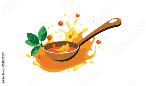 Delicious orange soup in wooden spoon with splash