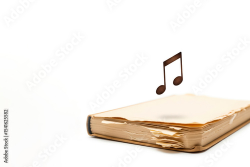 A musical note flying out of an old book. Space for text.