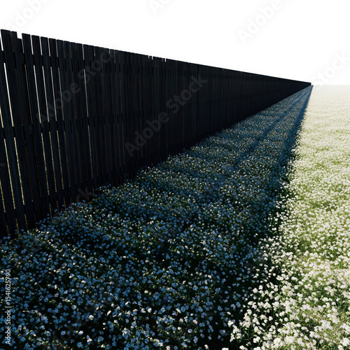 A fence casting a shadow on a field of flowers.