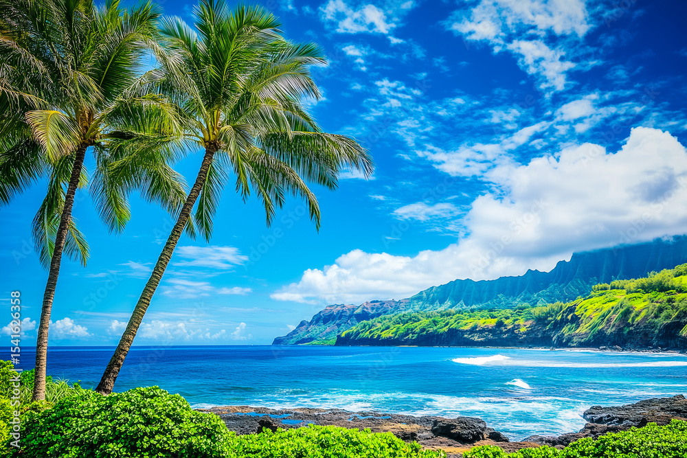 Naklejka premium Hawaii landscape background, summer holiday, beautiful sunny day