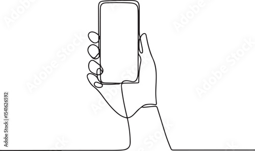Continuous line drawing of a hand holding a smartphone at an angle in minimalist black and white style

