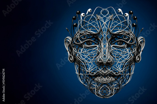 A face made up of tangled headphones. Space for text.