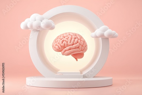 Floating Brain Surrounded by Soft Clouds in a Minimalistic Circle Against a Pastel Background