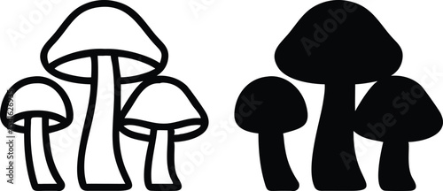 Minimalist Mushroom Icon – Line Art Vector Illustration of Three Stylized Fungi