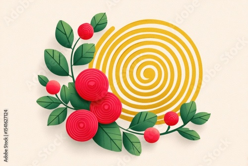 Decorative Midsummer Ornament Featuring a Vibrant Sun Disc Spiral Surrounded by Colorful Foliage and Berries