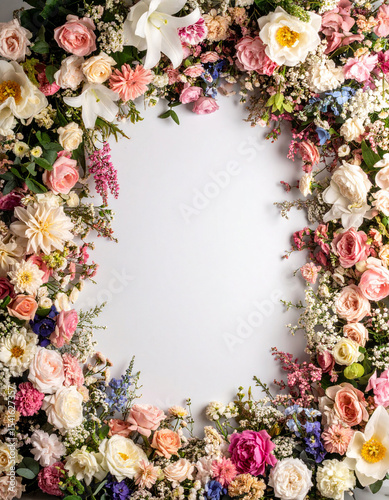 Marco con flores varias de diferentes colores, con un espacio central vacío