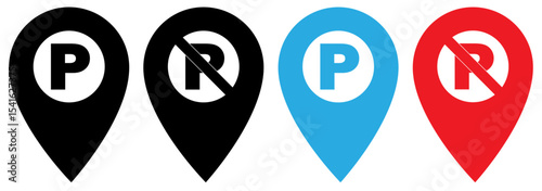 Parking and No parking icon sign inside of location map icon with white background . No parking Vector icon set. Parking prohibition. Prohibition road signs set. Vector illustrator, symbol.