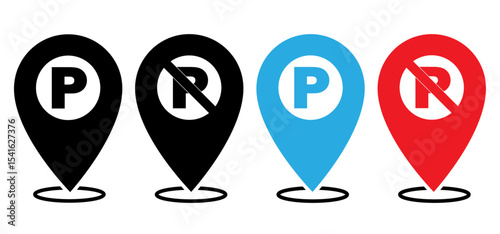 Parking and No parking icon sign inside of location map icon with white background . No parking Vector icon set. Parking prohibition. Prohibition road signs set. Vector illustrator, symbol.
