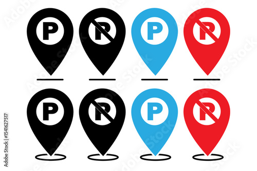 Parking and No parking icon sign inside of location map icon with white background . No parking Vector icon set. Parking prohibition. Prohibition road signs set. Vector illustrator, symbol.
