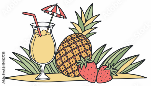 A vibrant isometric vector illustration of a tropical cocktail drink, complete with a small umbrella and fruit garnish. Ideal for summer parties, bar menus, or vacation themes