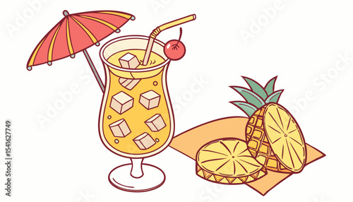 A vibrant isometric vector illustration of a tropical cocktail drink, complete with a small umbrella and fruit garnish. Ideal for summer parties, bar menus, or vacation themes