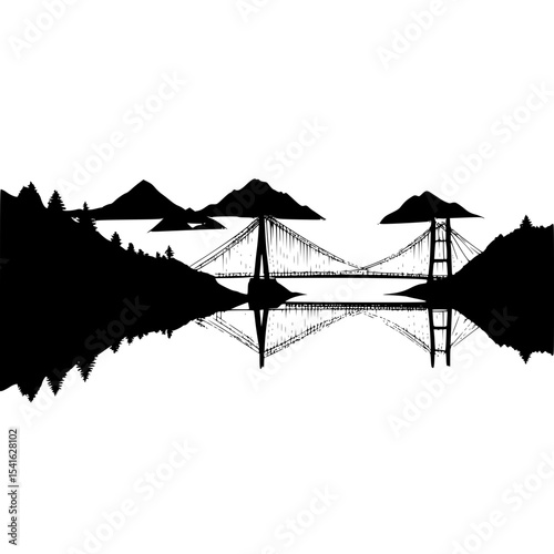 Silhouette of two hills with a suspension bridge between
