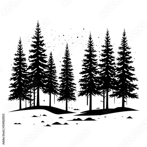 Silhouette of icy pine forest with snowfall effect