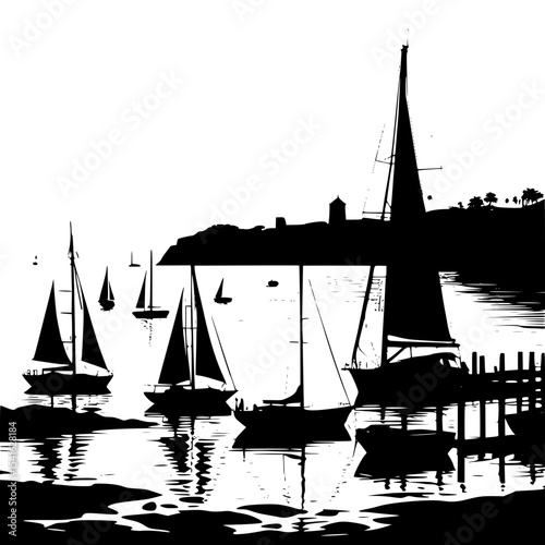 Silhouette of coastal bay with sailboats and dock”