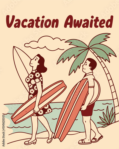 Tropical Surf Vacation Illustration with Palm Trees and Ocean Sunset, Retro Summer Vacation Beach Surfing Couple Illustration, Vintage Cartoon Surfer Duo with Palm Tree Scene.
