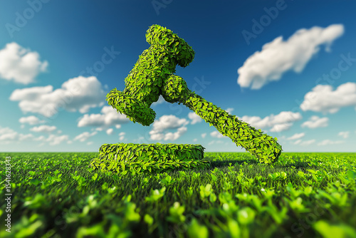 Eco friendly gavel on green grass, symbolizing legal protection of nature and environmental regulation