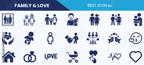 Best family and love icon set collection. Couple, hug, wedding ring, house, child, holding hands, mother, father, grandparents and vector illustration.