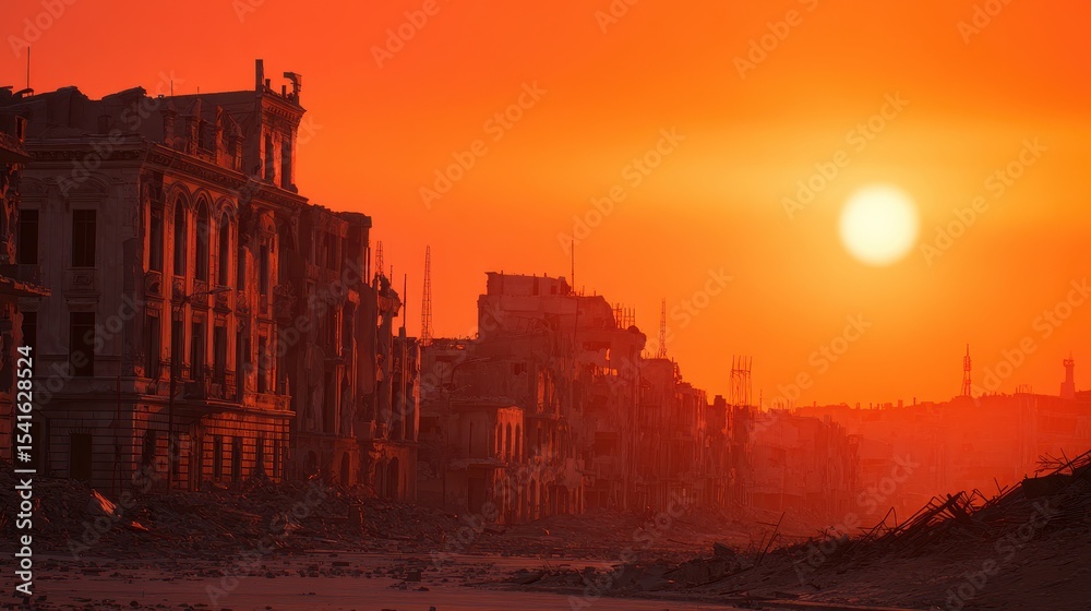 Fototapeta premium Desolate urban landscape at sunset, showcasing crumbling buildings and a vibrant sky