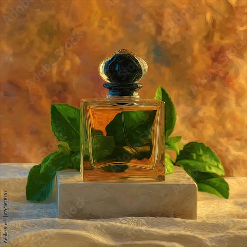 Amber Perfume Bottle with Green Leaves and Soft Shadows
