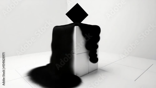 Abstract black geometric figure draped on a white pedestal in a minimalist studio setting