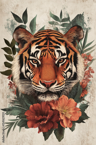 Contemporary art collage of aggressive bengal tiger face with orange flowers over light brown background, Illustration animal poster