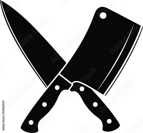 Minimal butcher knife and cleaver crossed together. Flat black silhouette style, white background.