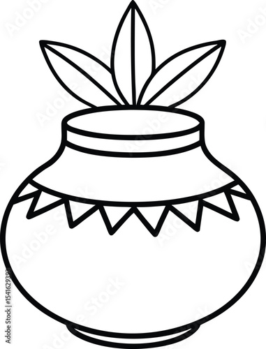 Cultural Kalash icon with leaves and coconut in line art
