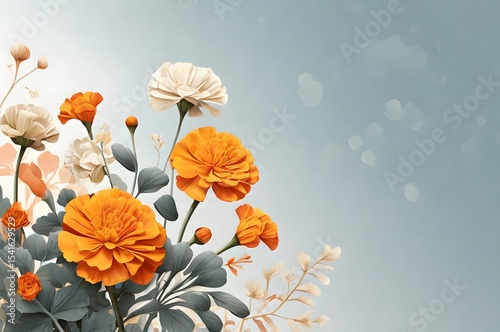Elegant marigold and cream flower composition on soft blue background with copy space – 3D botanical - Ideal for posters, wallpapers, and packaging Design