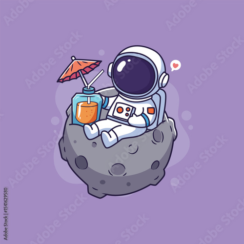 Cute Astronaut relaxing on the moon with a refreshing drink
