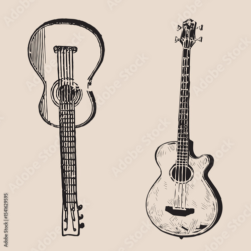 Vintage hand-drawn acoustic guitar illustration set in sketch style. A collection of different classical and folk guitar shapes.