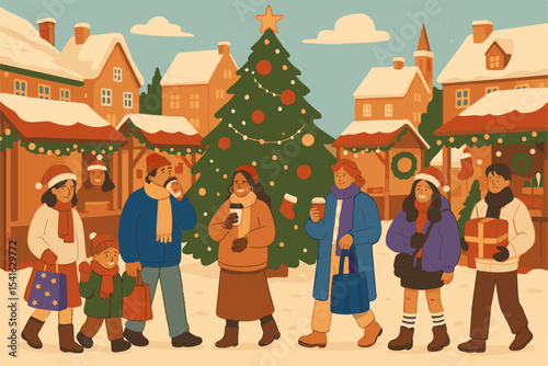 People enjoying shopping at an outdoor Christmas market. A festive winter fair with decorated stalls, kiosks, and a Christmas tree set up in a European city square. Cheerful families and children soak