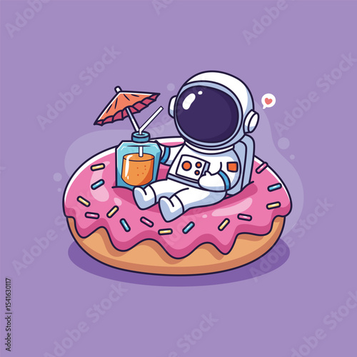 Cute Astronaut relaxing on a donut float with a juice drink