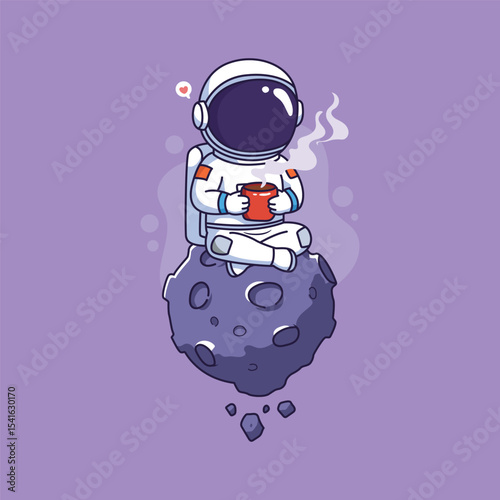 Cute Astronaut sitting on the moon and drinking coffee. Vector illustration.