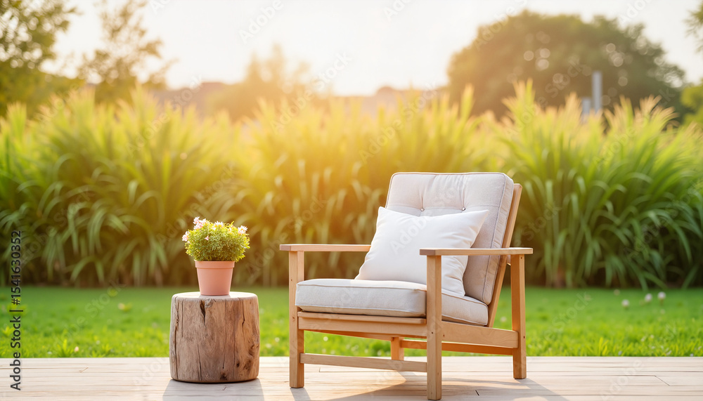 Fototapeta premium Cozy outdoor armchair with cushion and potted plant on wooden table 