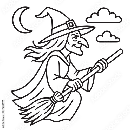 Premium Halloween Witch Outline Drawing