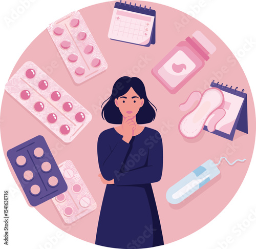 Woman thinking about contraception, menstruation, birth control pills, pregnancy test, menstrual cycle, sanitary pads, reproductive health, period calendar, choice, planning