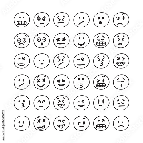 Cute face drawing doodle character retro. Black and white animated face. Facial expression, character. Face sticker. Doodle. Hand drawn. Vector illustration.
