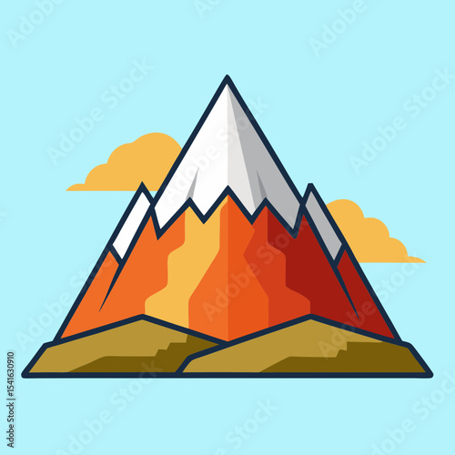 Stylized mountain peak illustration with snowy cap and golden clouds