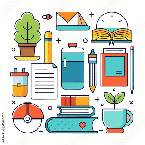 A colorful and delightful illustration featuring office and school supplies